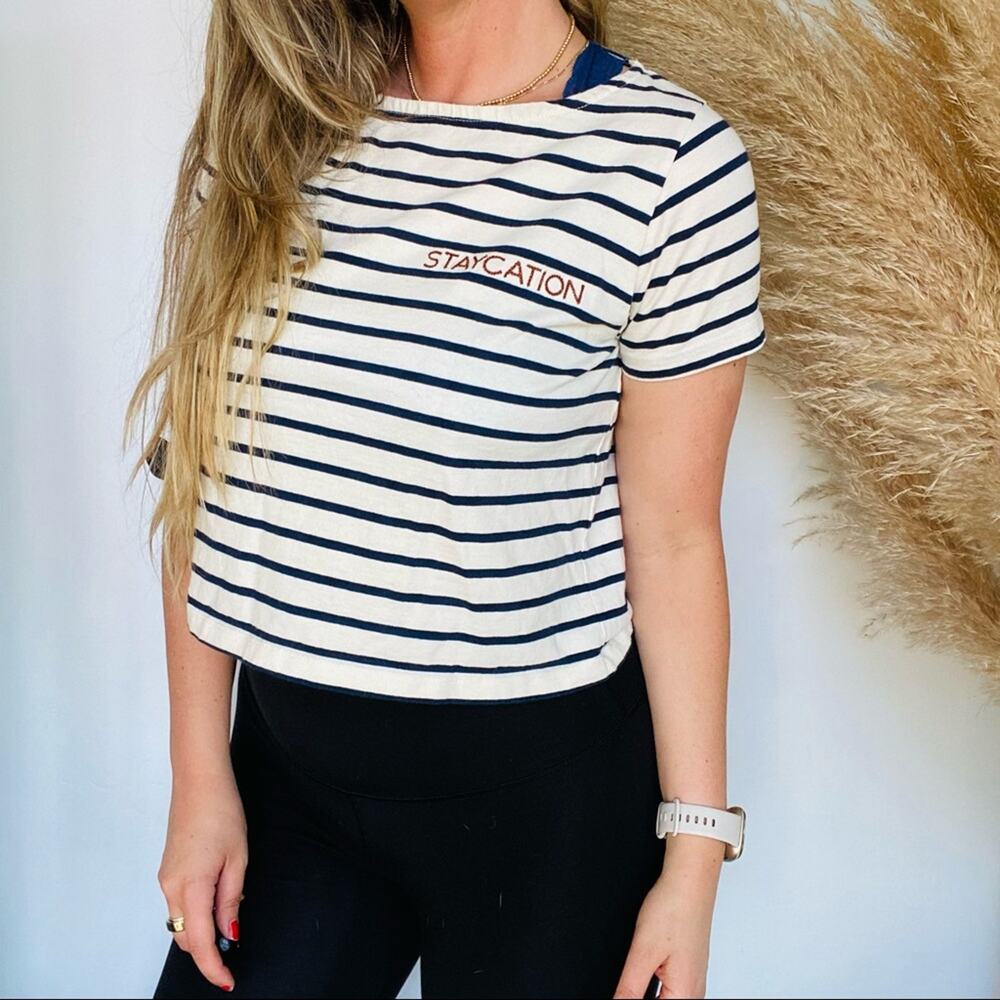 MADEWELL Navy Blue Cream White Striped Staycation Boxy Cropped Top Tee Shirt XS